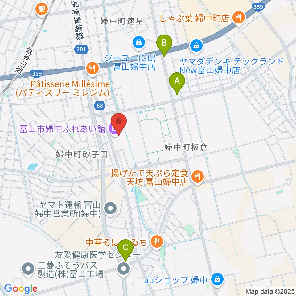 富山市婦中ふれあい館周辺のコンビニエンスストア一覧地図