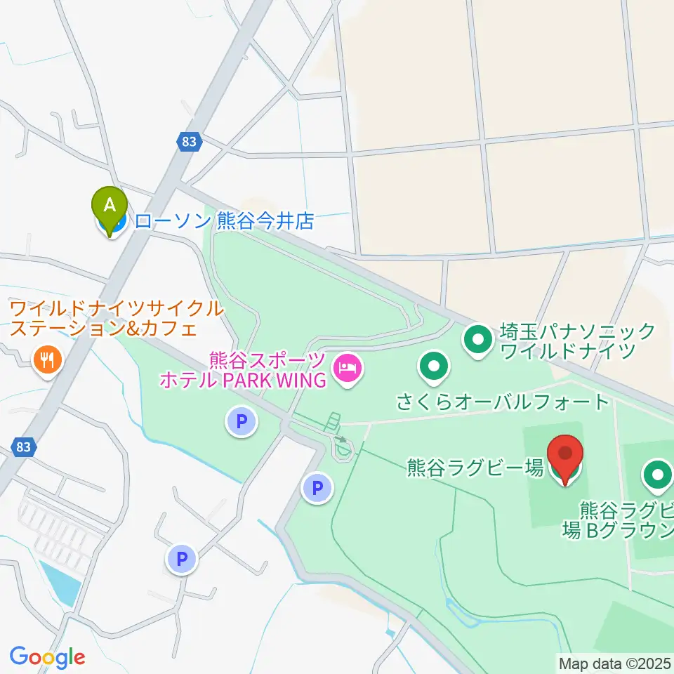 熊谷ラグビー場周辺のコンビニエンスストア一覧地図