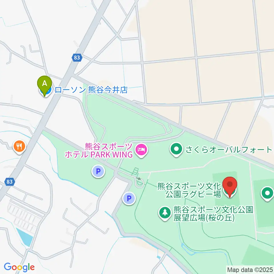 熊谷ラグビー場周辺のコンビニエンスストア一覧地図