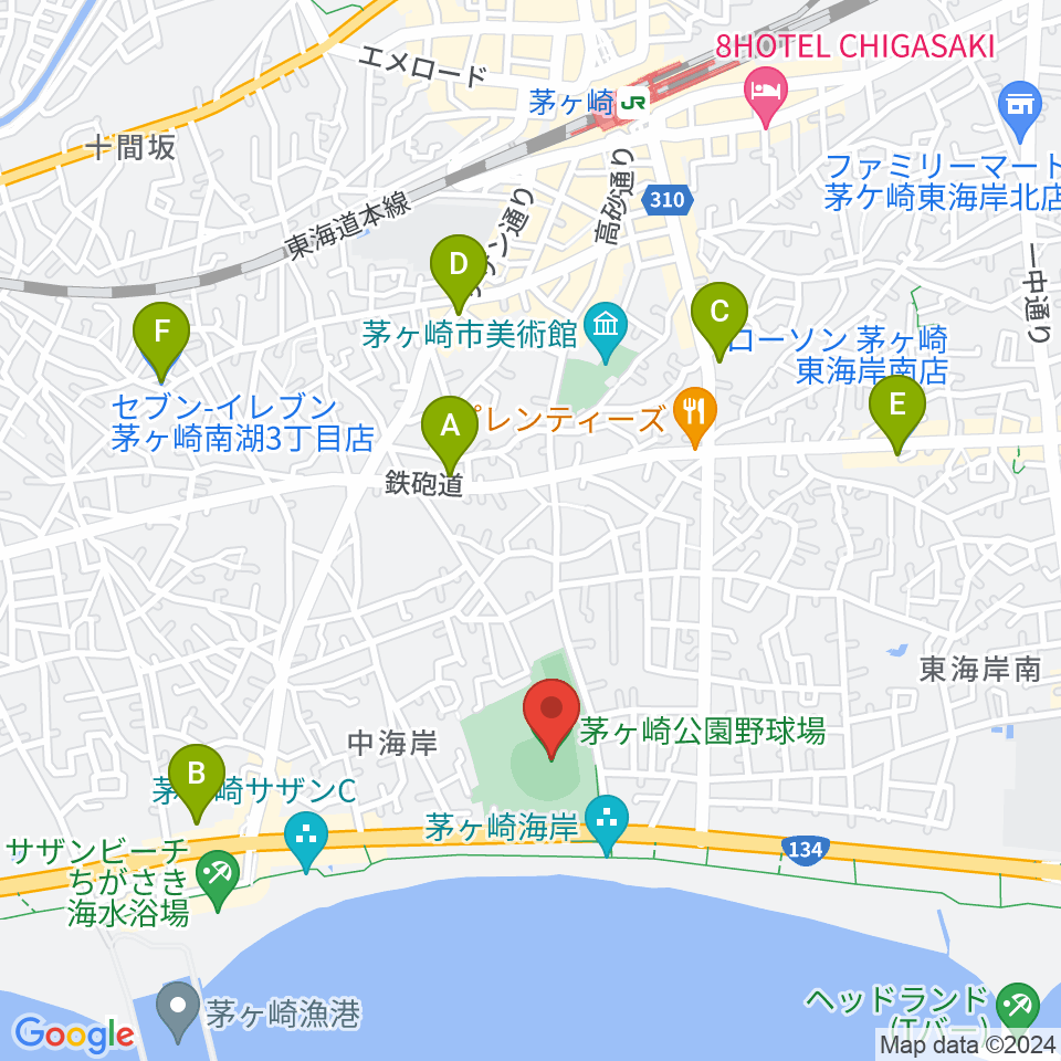 茅ヶ崎公園野球場周辺のコンビニエンスストア一覧地図