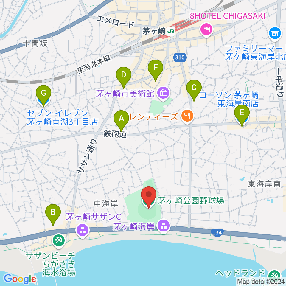 茅ヶ崎公園野球場周辺のコンビニエンスストア一覧地図