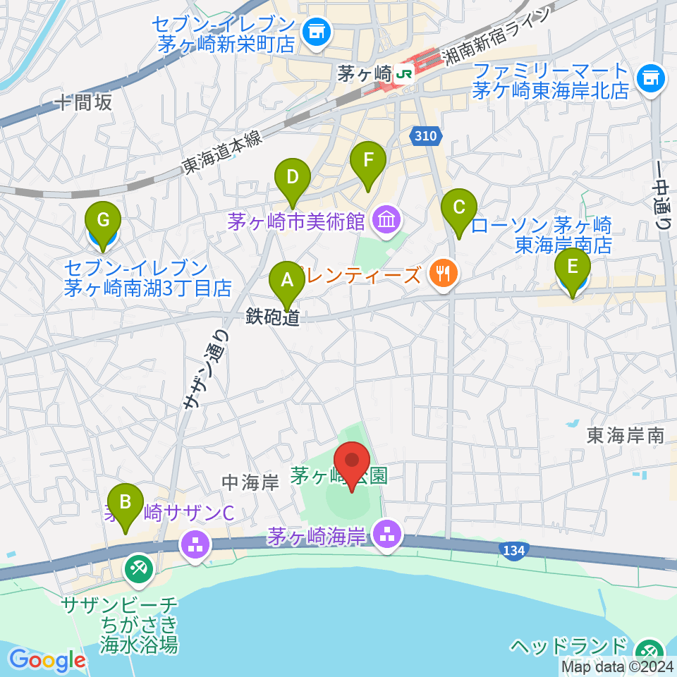 茅ヶ崎公園野球場周辺のコンビニエンスストア一覧地図