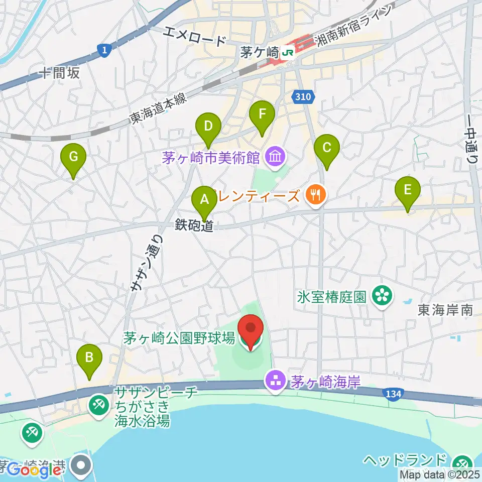 茅ヶ崎公園野球場周辺のコンビニエンスストア一覧地図