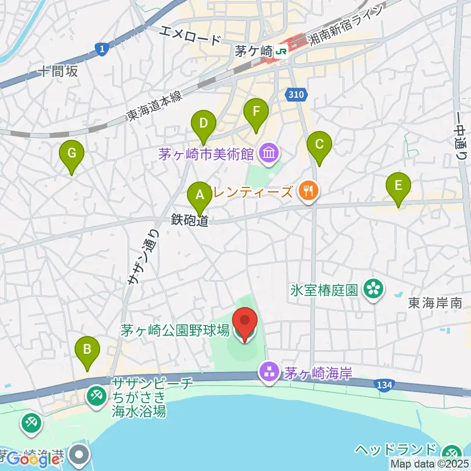 茅ヶ崎公園野球場周辺のコンビニエンスストア一覧地図