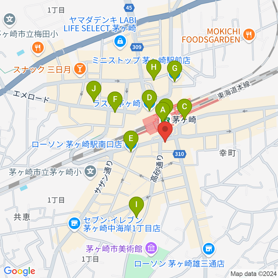 長谷川楽器店 駅前センター周辺のコンビニエンスストア一覧地図