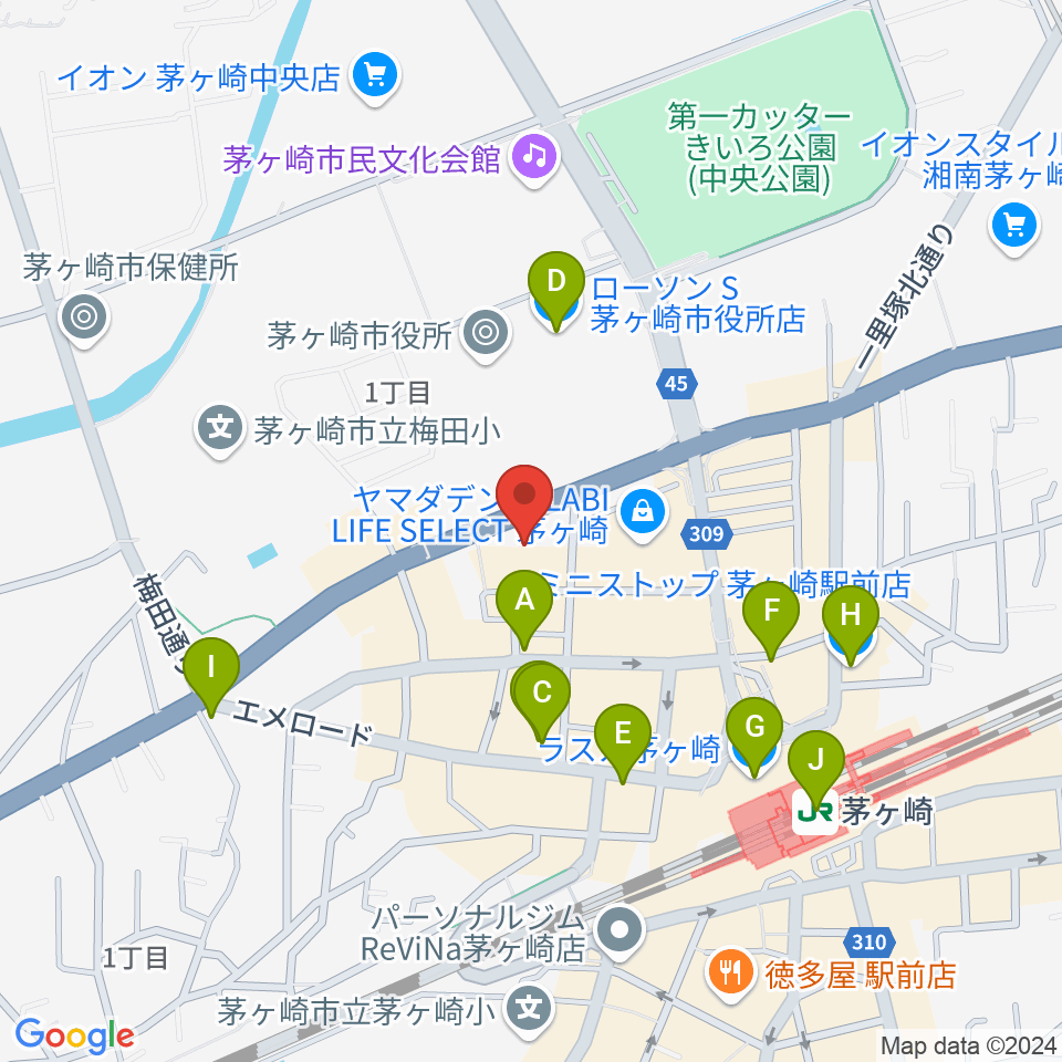 茅ヶ崎市勤労市民会館周辺のコンビニエンスストア一覧地図