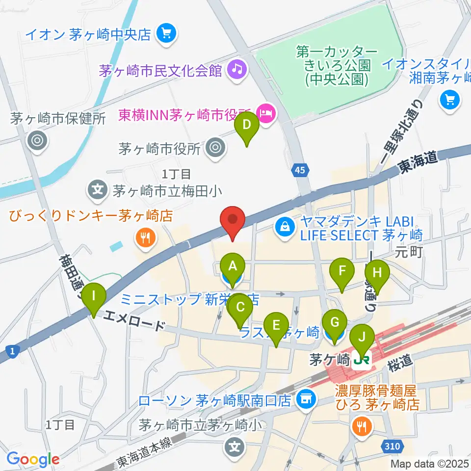茅ヶ崎市勤労市民会館周辺のコンビニエンスストア一覧地図