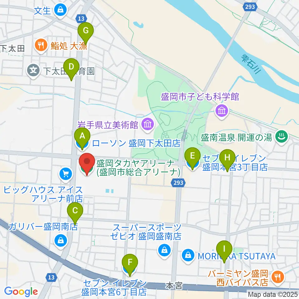 盛岡タカヤアリーナ周辺のコンビニエンスストア一覧地図
