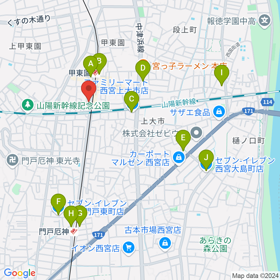 甲東園スタジオバードランド周辺のコンビニエンスストア一覧地図