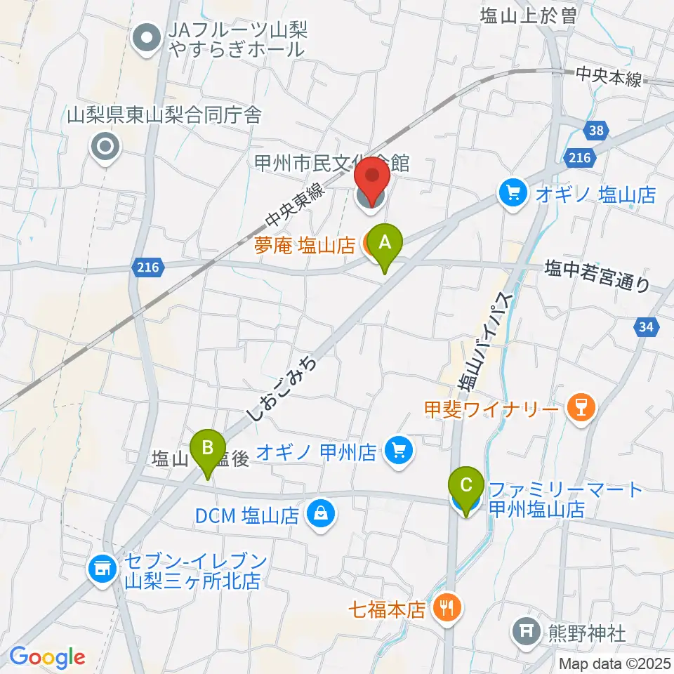 甲州市民文化会館周辺のコンビニエンスストア一覧地図