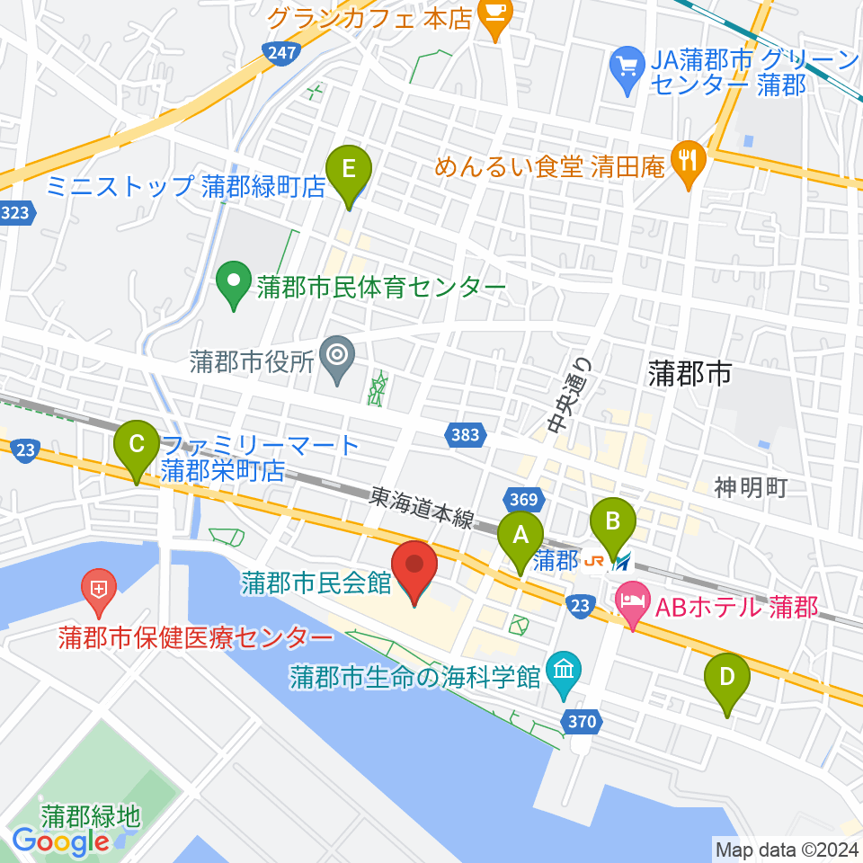 蒲郡市民会館周辺のコンビニエンスストア一覧地図