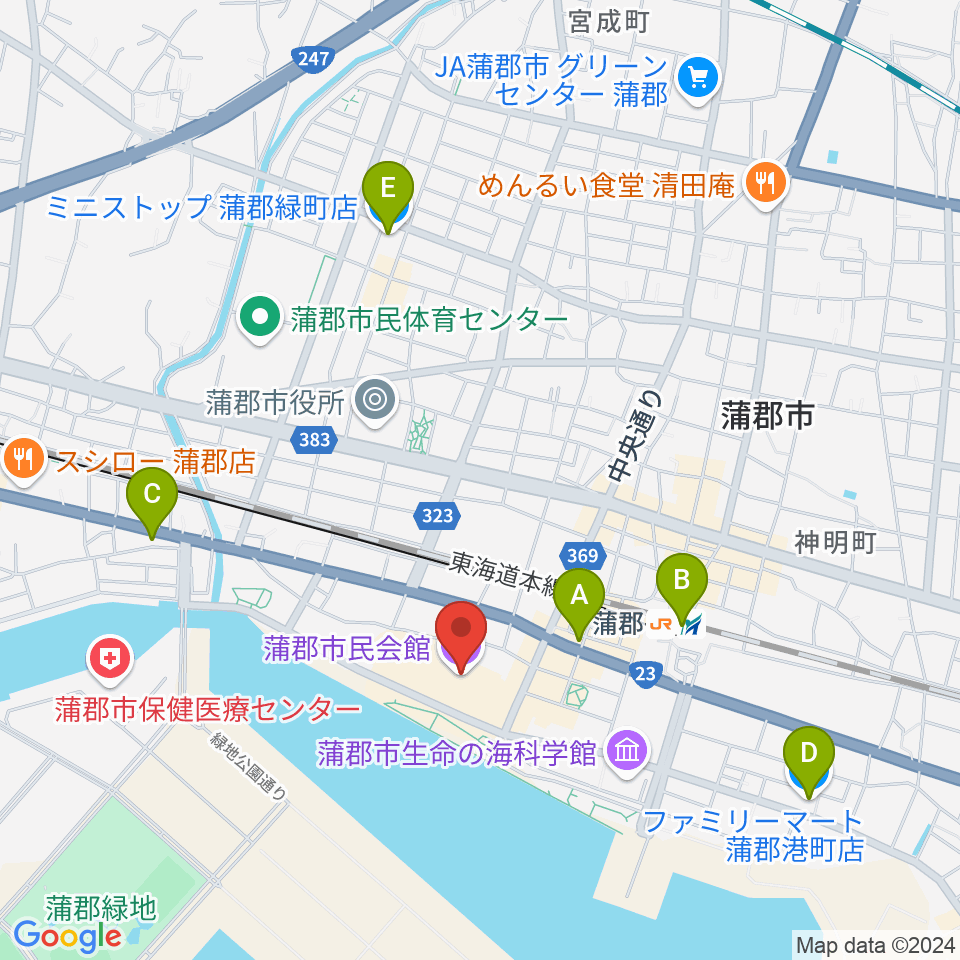 蒲郡市民会館周辺のコンビニエンスストア一覧地図