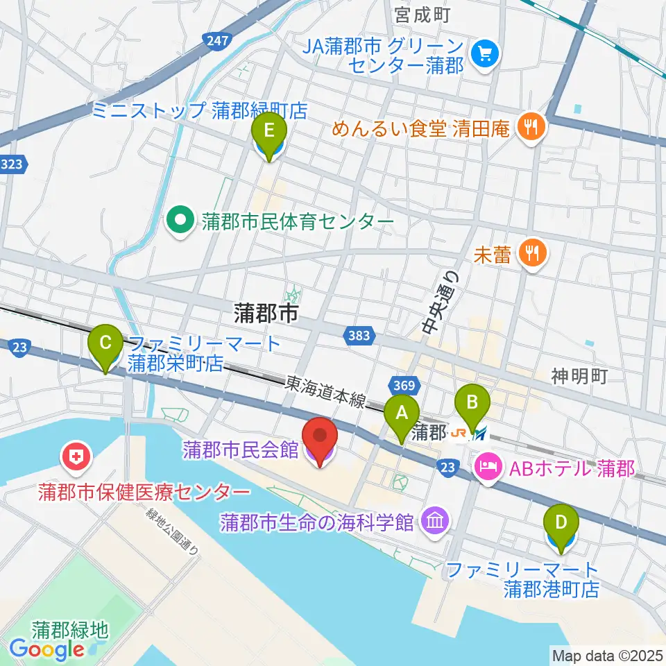 蒲郡市民会館周辺のコンビニエンスストア一覧地図