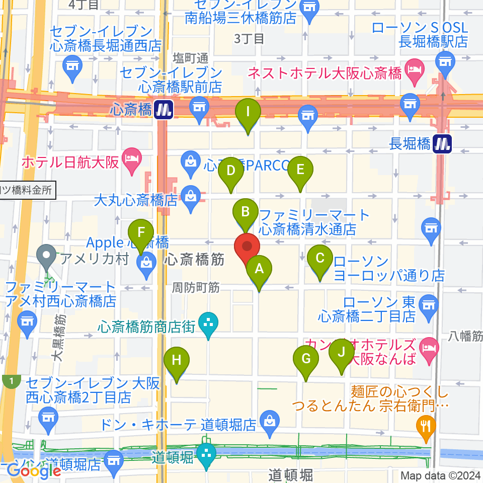 大阪心斎橋MUSE BOX周辺のコンビニエンスストア一覧地図