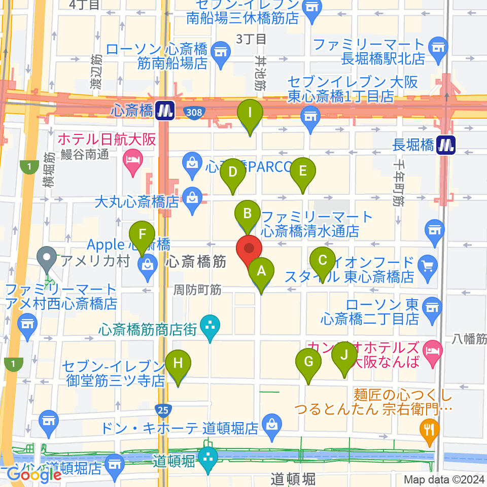 大阪心斎橋MUSE BOX周辺のコンビニエンスストア一覧地図