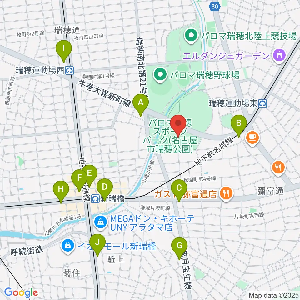 パロマ瑞穂ラグビー場周辺のコンビニエンスストア一覧地図
