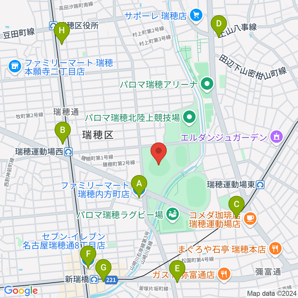 パロマ瑞穂野球場周辺のコンビニエンスストア一覧地図