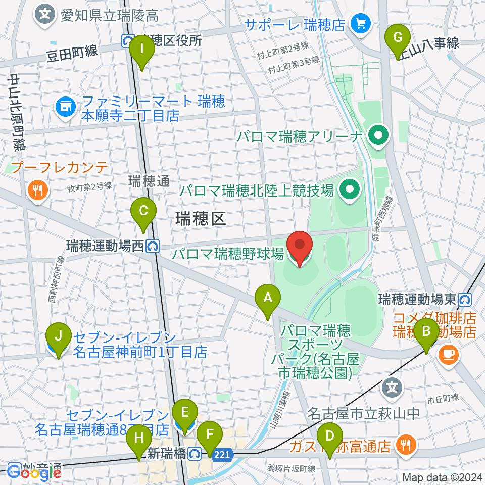 パロマ瑞穂野球場周辺のコンビニエンスストア一覧地図