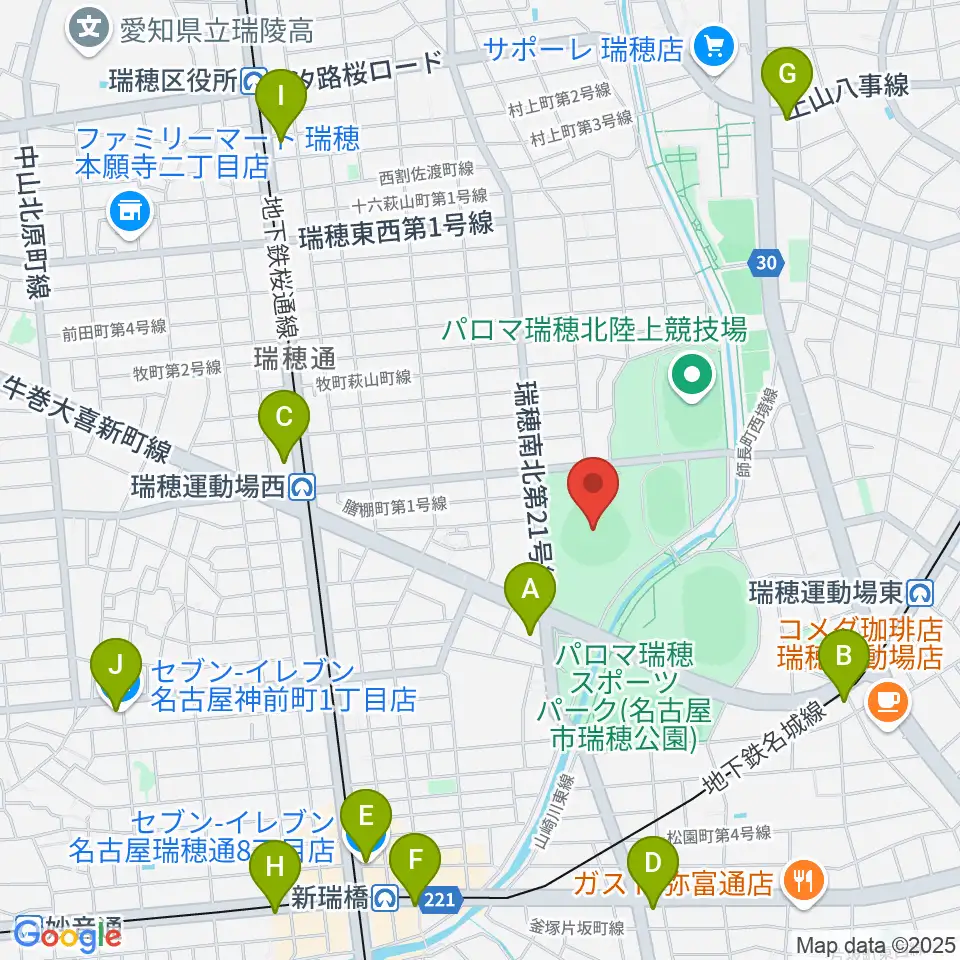 パロマ瑞穂野球場周辺のコンビニエンスストア一覧地図