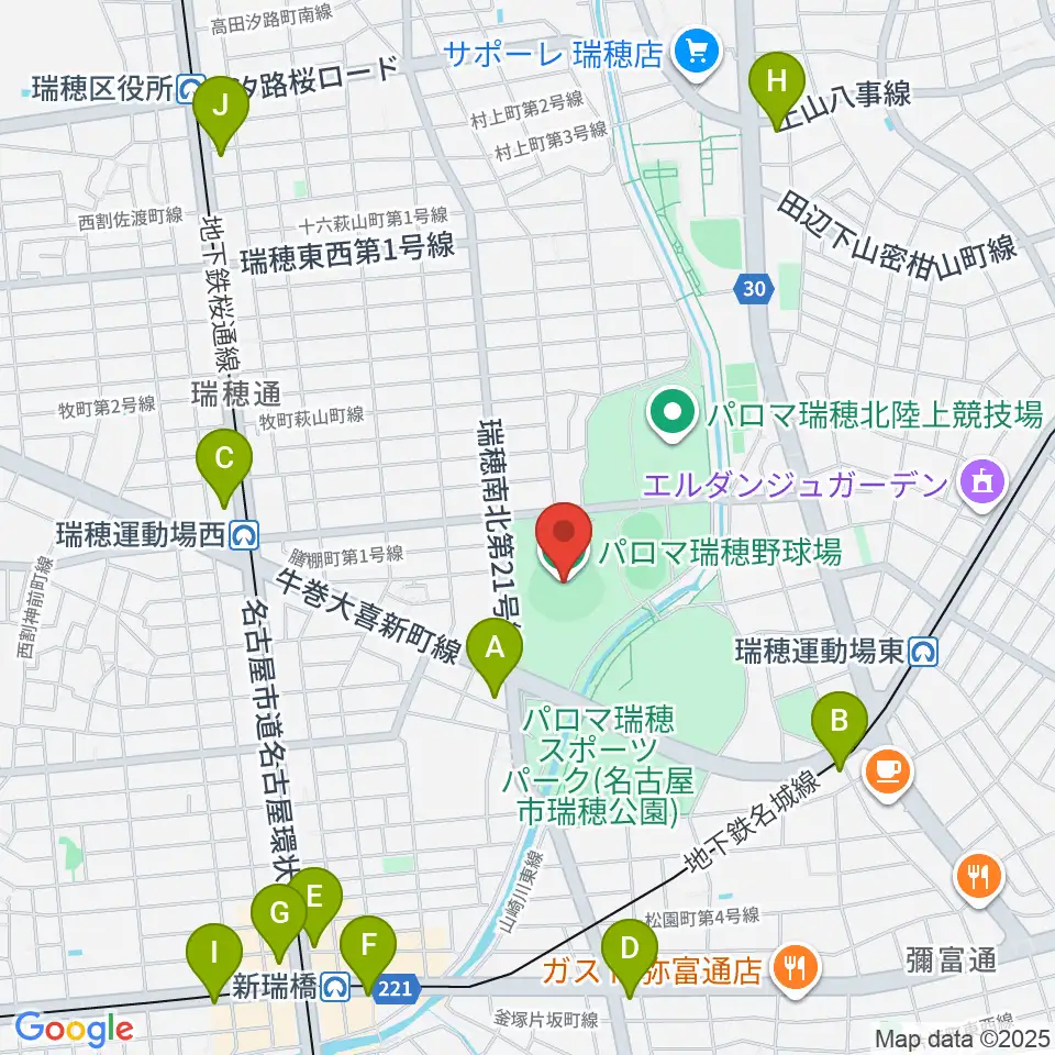 パロマ瑞穂野球場周辺のコンビニエンスストア一覧地図