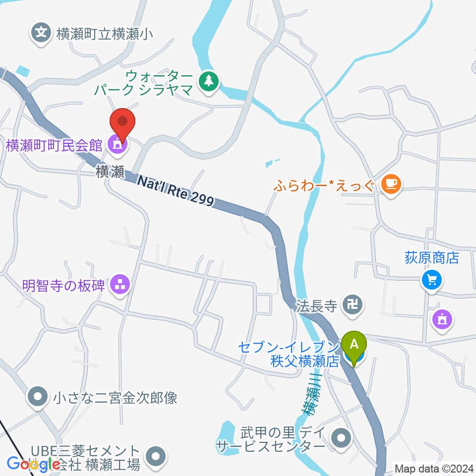 横瀬町町民会館（かわせみ会館）周辺のコンビニエンスストア一覧地図