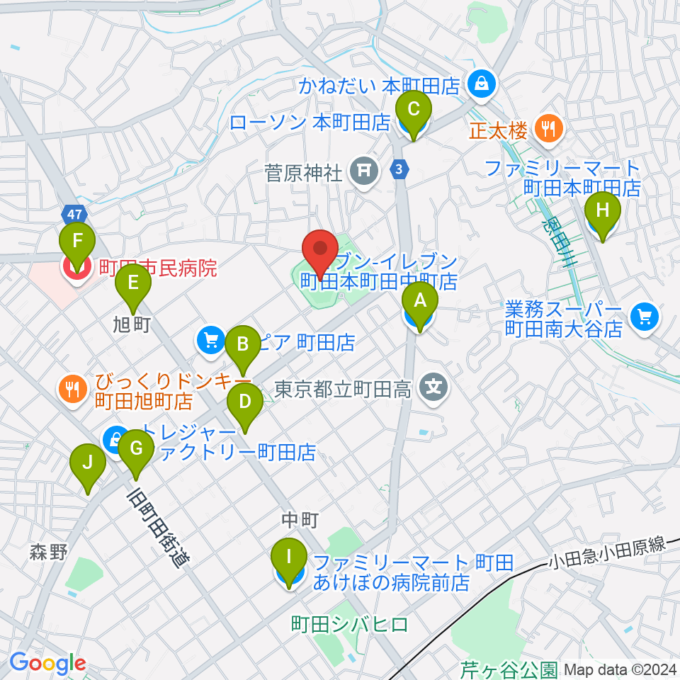 町田市民球場周辺のコンビニエンスストア一覧地図