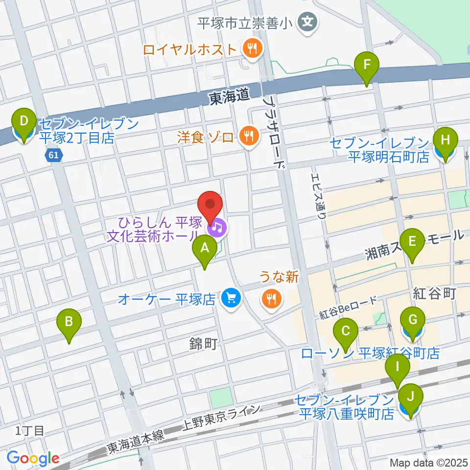 ひらしん平塚文化芸術ホール周辺のコンビニエンスストア一覧地図