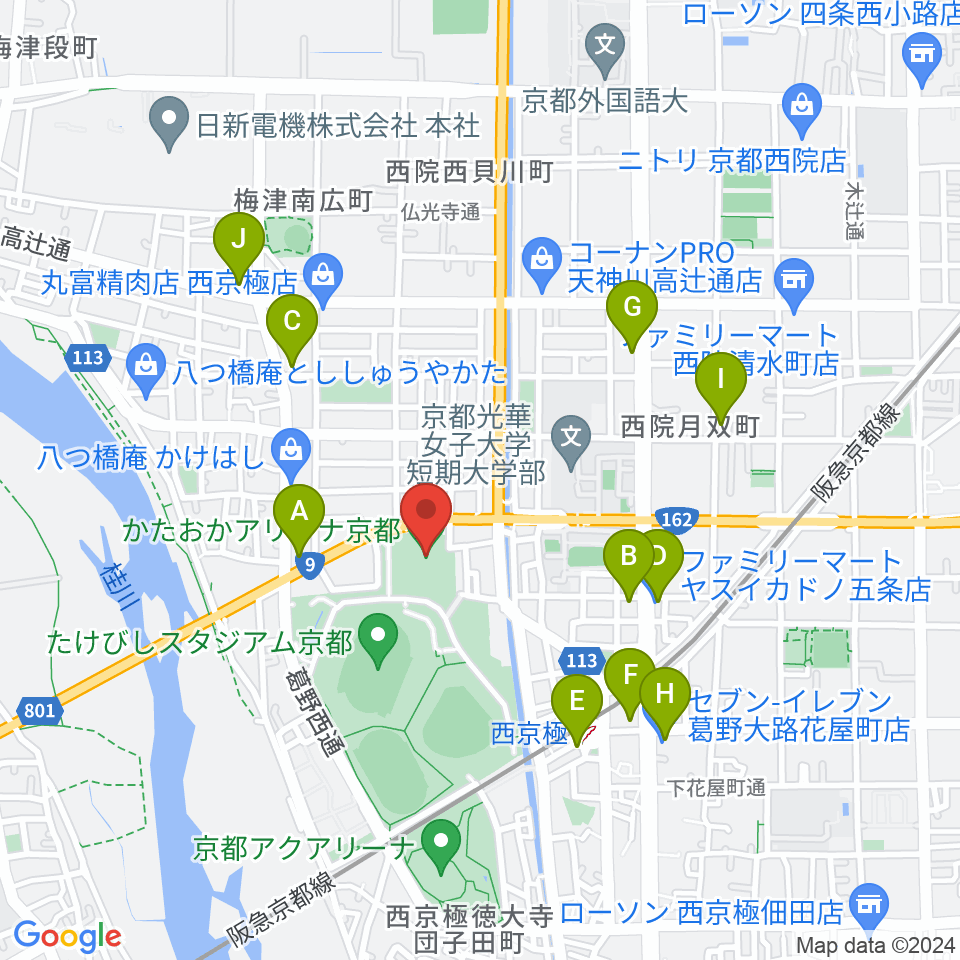 かたおかアリーナ京都周辺のコンビニエンスストア一覧地図