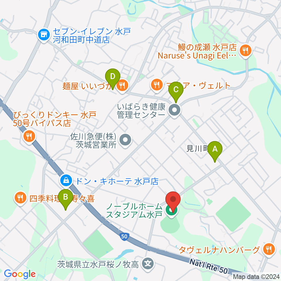 ノーブルホームスタジアム水戸周辺のコンビニエンスストア一覧地図