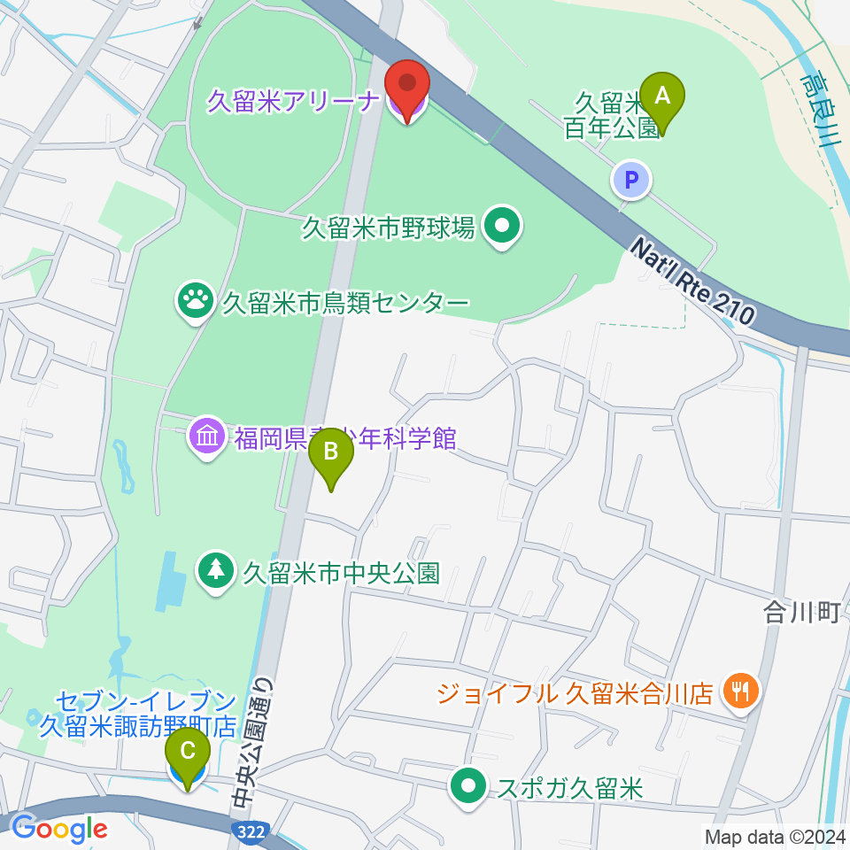 久留米アリーナ周辺のコンビニエンスストア一覧地図