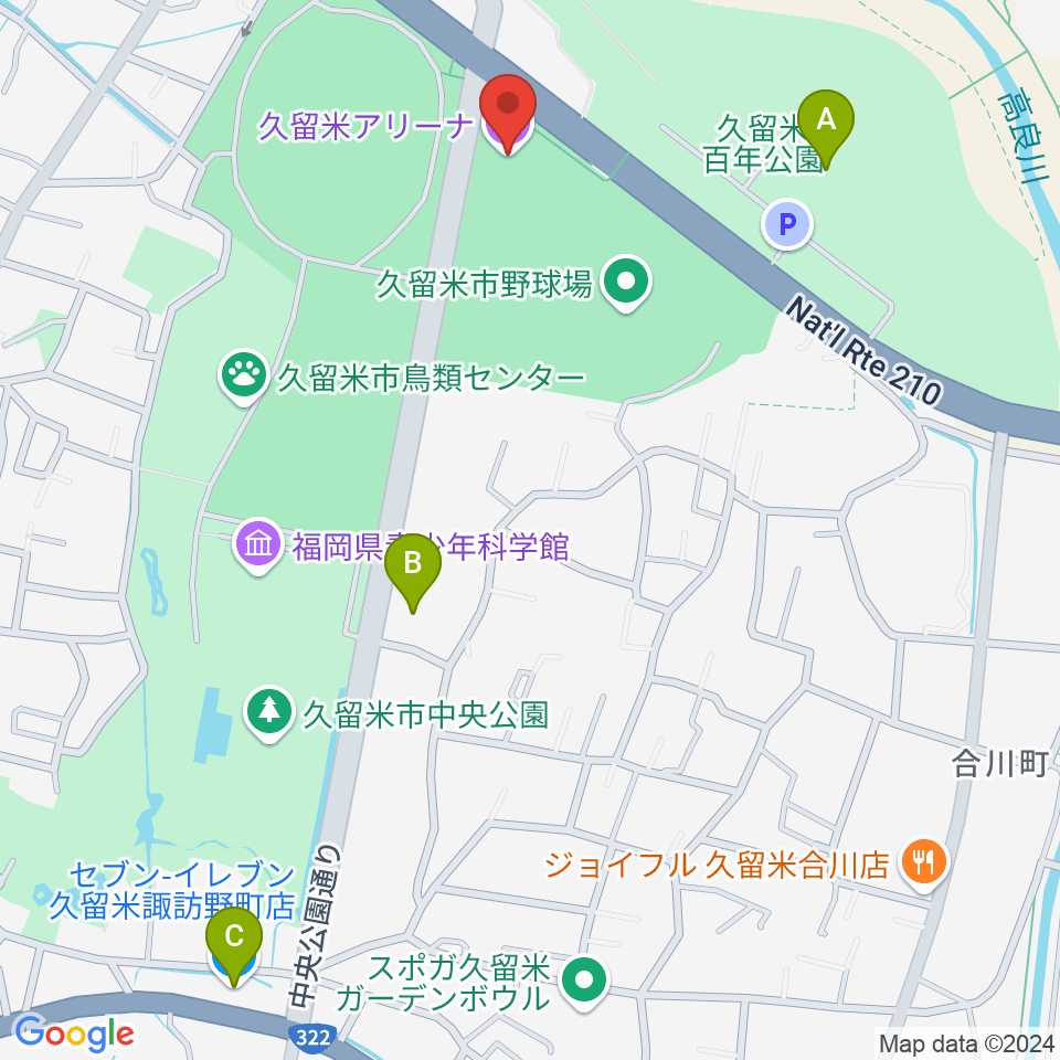 久留米アリーナ周辺のコンビニエンスストア一覧地図