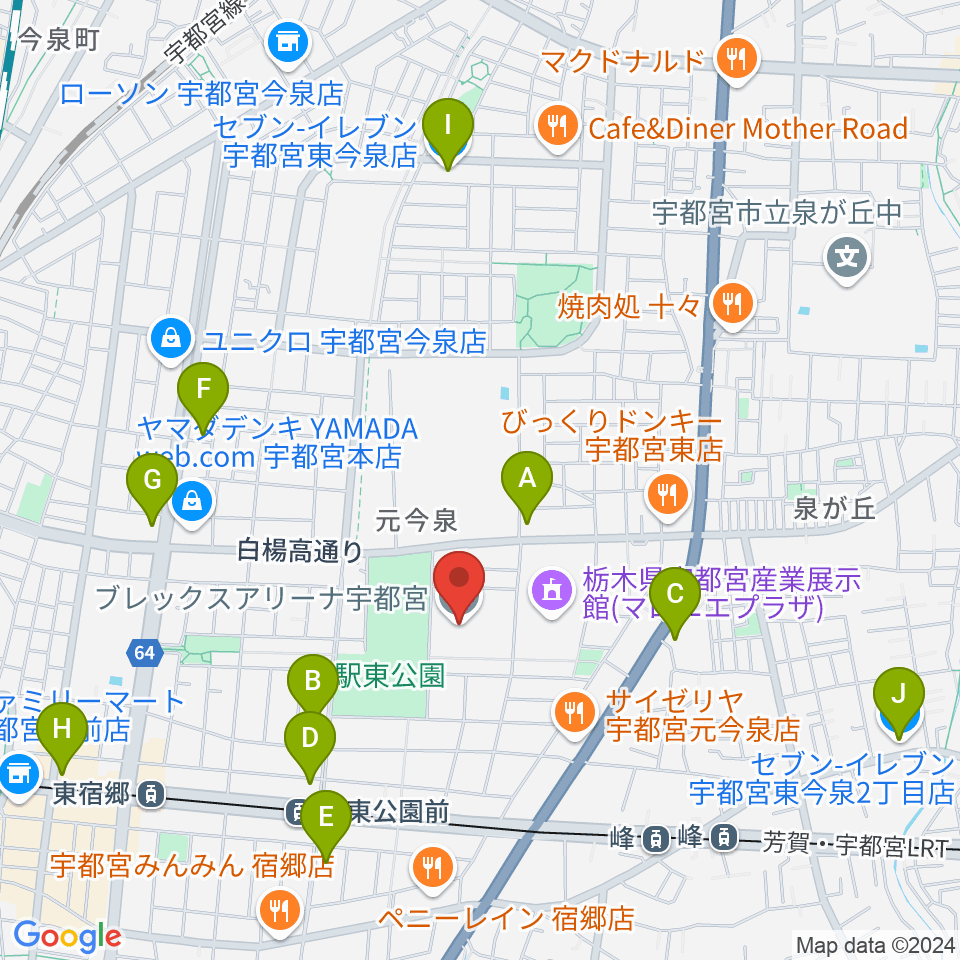 ブレックスアリーナ宇都宮周辺のコンビニエンスストア一覧地図