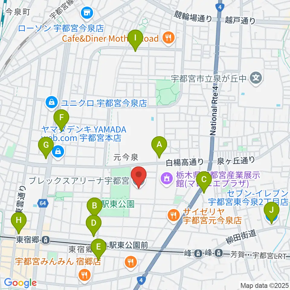 ブレックスアリーナ宇都宮周辺のコンビニエンスストア一覧地図