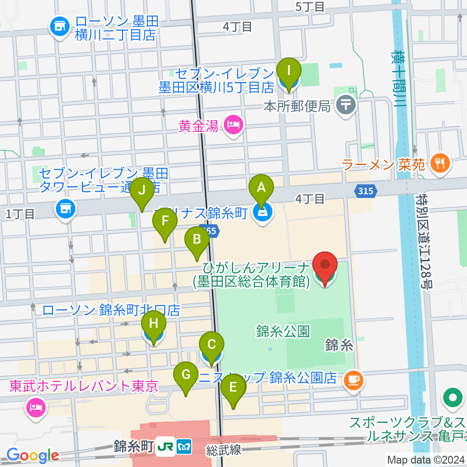 ひがしんアリーナ周辺のコンビニエンスストア一覧地図