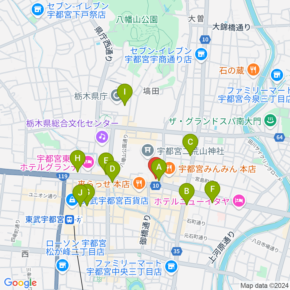 宇都宮市民プラザ周辺のコンビニエンスストア一覧地図