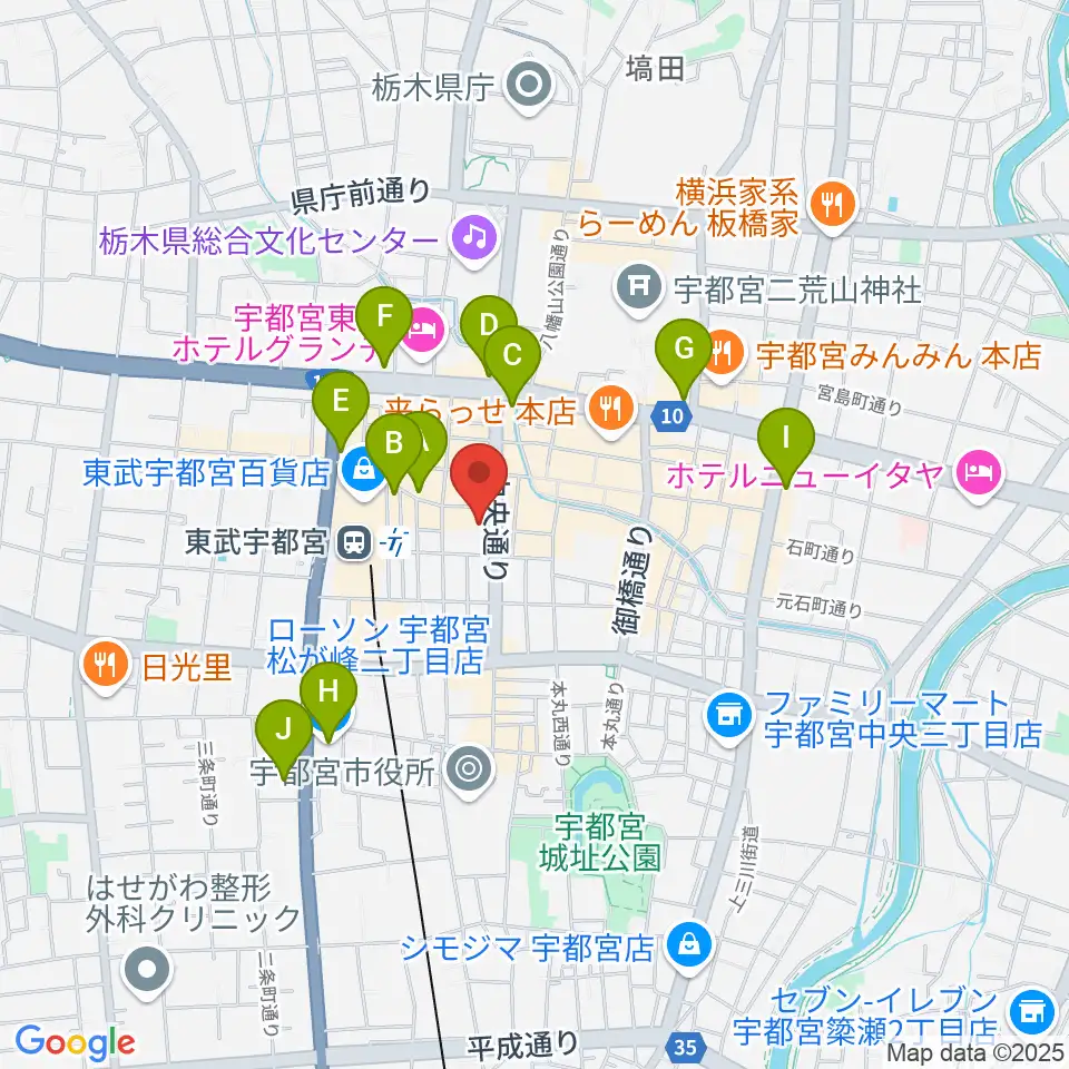 宇都宮市中央生涯学習センター周辺のコンビニエンスストア一覧地図