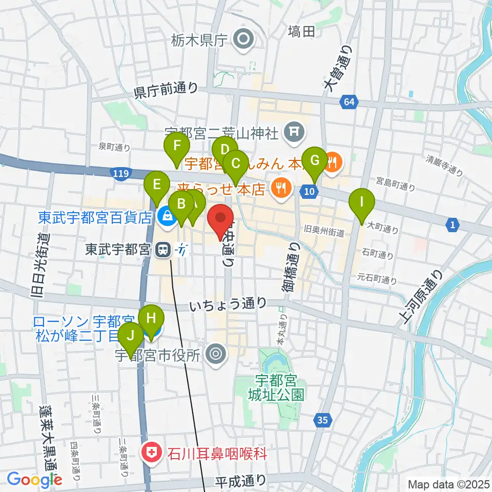 宇都宮市中央生涯学習センター周辺のコンビニエンスストア一覧地図