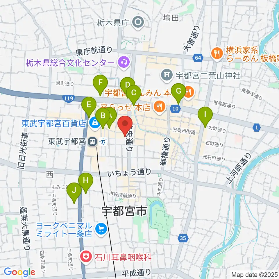 宇都宮市中央生涯学習センター周辺のコンビニエンスストア一覧地図
