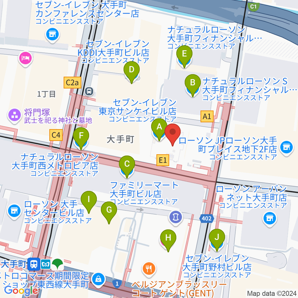 ヤマノミュージックサロン大手町周辺のコンビニエンスストア一覧地図