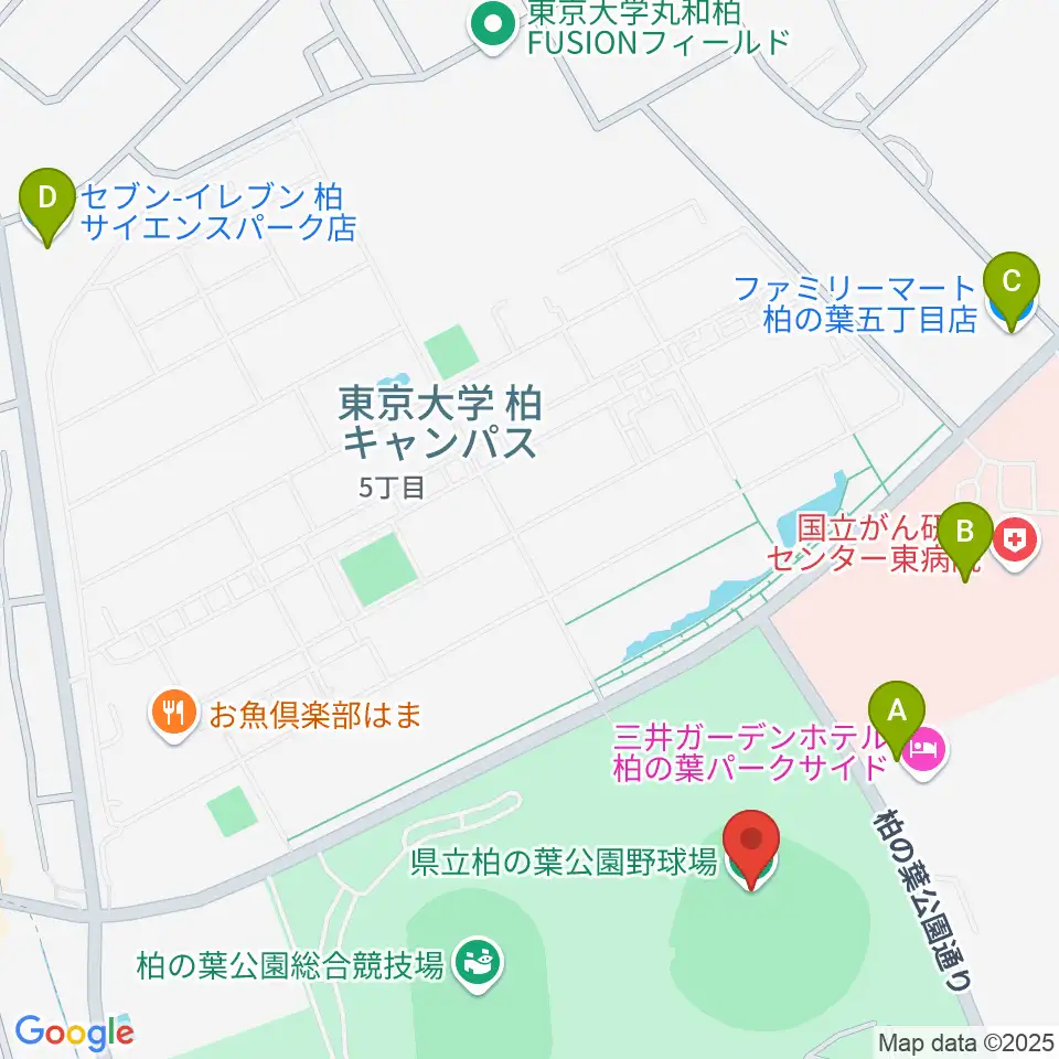 県立柏の葉公園野球場周辺のコンビニエンスストア一覧地図