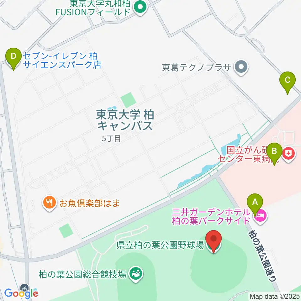 県立柏の葉公園野球場周辺のコンビニエンスストア一覧地図