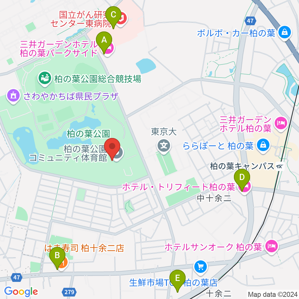 柏の葉公園コミュニティ体育館周辺のコンビニエンスストア一覧地図