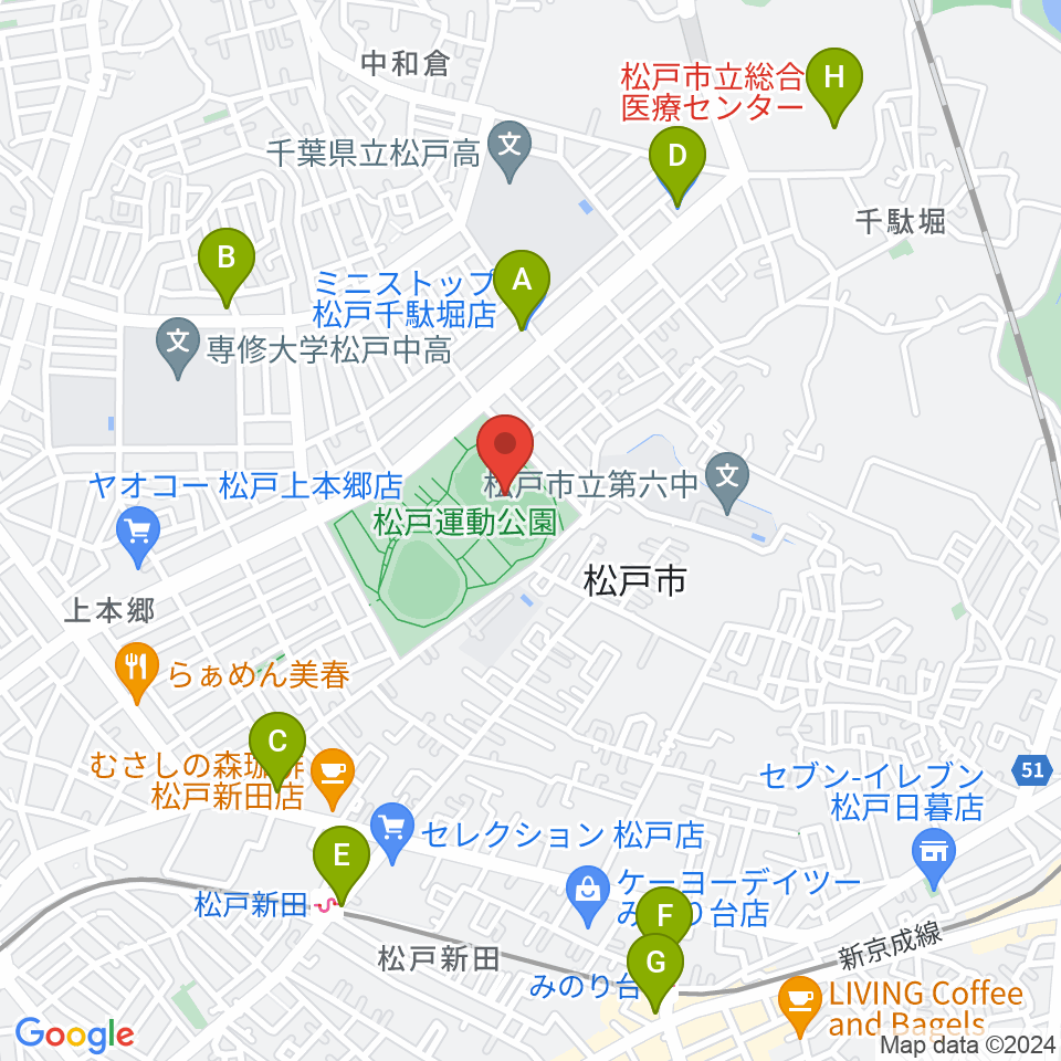 松戸運動公園陸上競技場周辺のコンビニエンスストア一覧地図