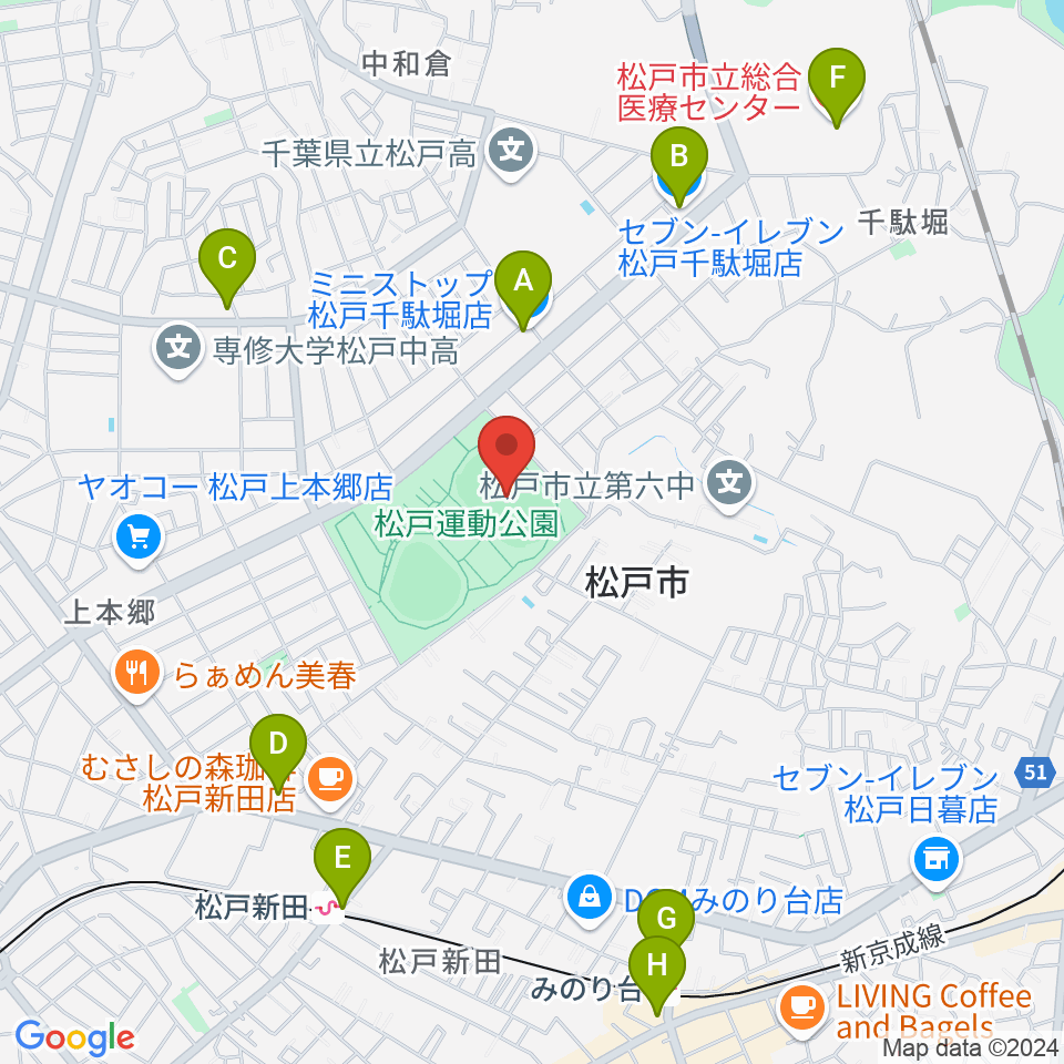 松戸運動公園陸上競技場周辺のコンビニエンスストア一覧地図