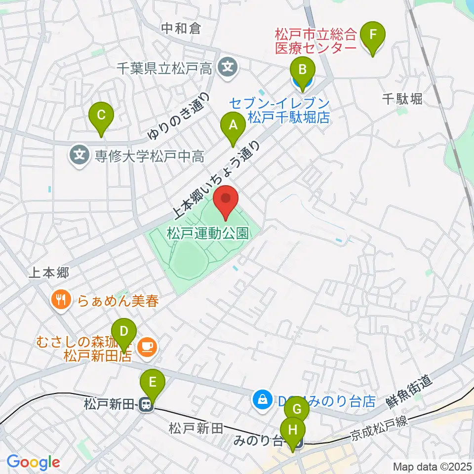 松戸運動公園陸上競技場周辺のコンビニエンスストア一覧地図