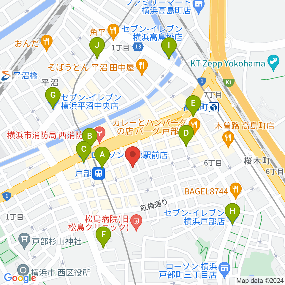 ボンカンスタジオ横浜周辺のコンビニエンスストア一覧地図