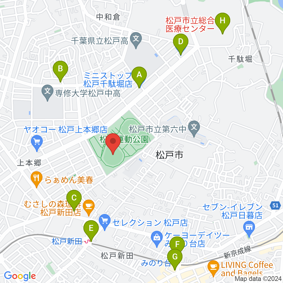 松戸運動公園野球場周辺のコンビニエンスストア一覧地図