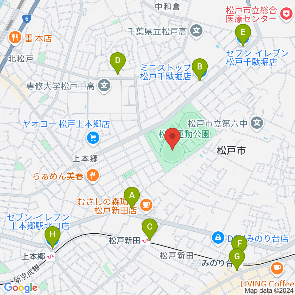 松戸運動公園野球場周辺のコンビニエンスストア一覧地図