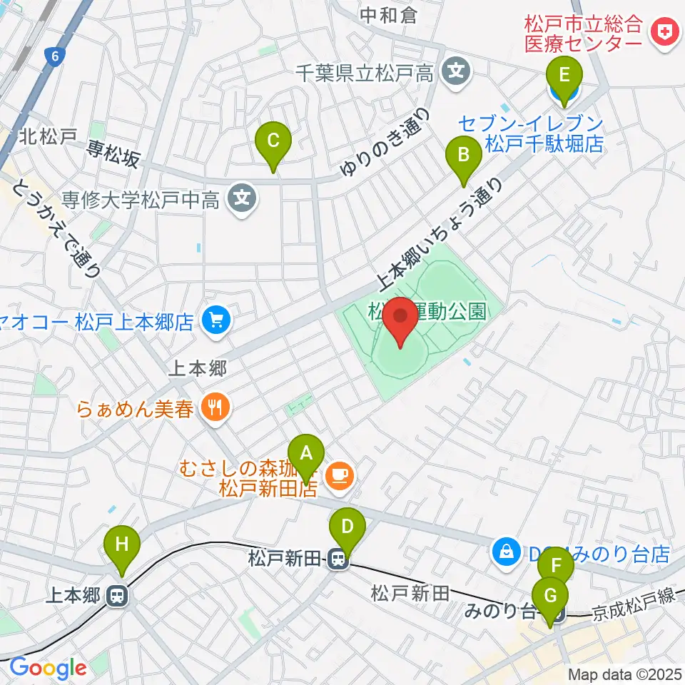 松戸運動公園野球場周辺のコンビニエンスストア一覧地図