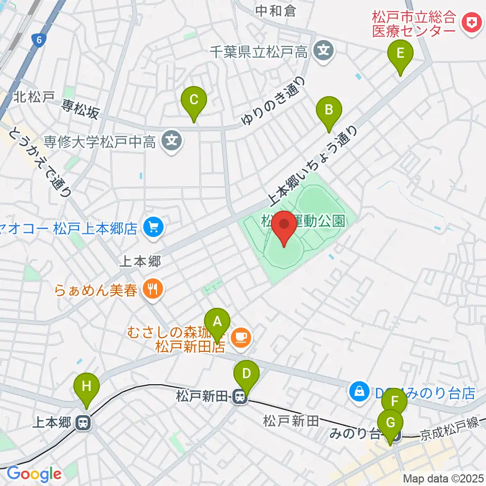 松戸運動公園野球場周辺のコンビニエンスストア一覧地図